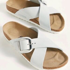 Birkenstock Siena Big Buckle Washed Metallic White suede leather size 8-8.5/EU39
